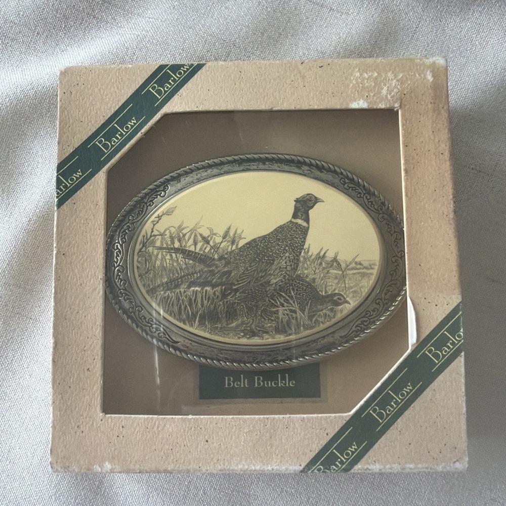 Vintage Barlow NIB Belt Buckle Scrimshaw Pheasant Art Silver Tone 4" Oval USA